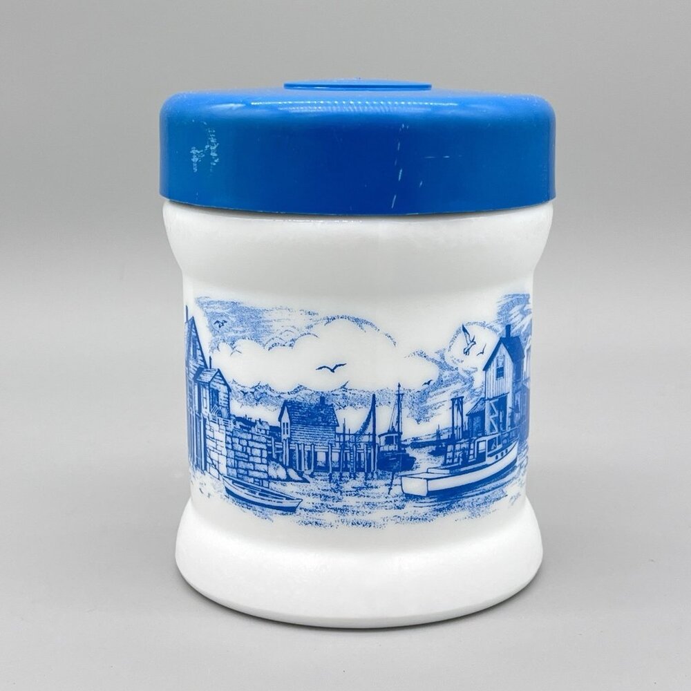Vintage White Milk Glass 6" Canister Delft-Style Coastal Scene Blue Plastic Lid
